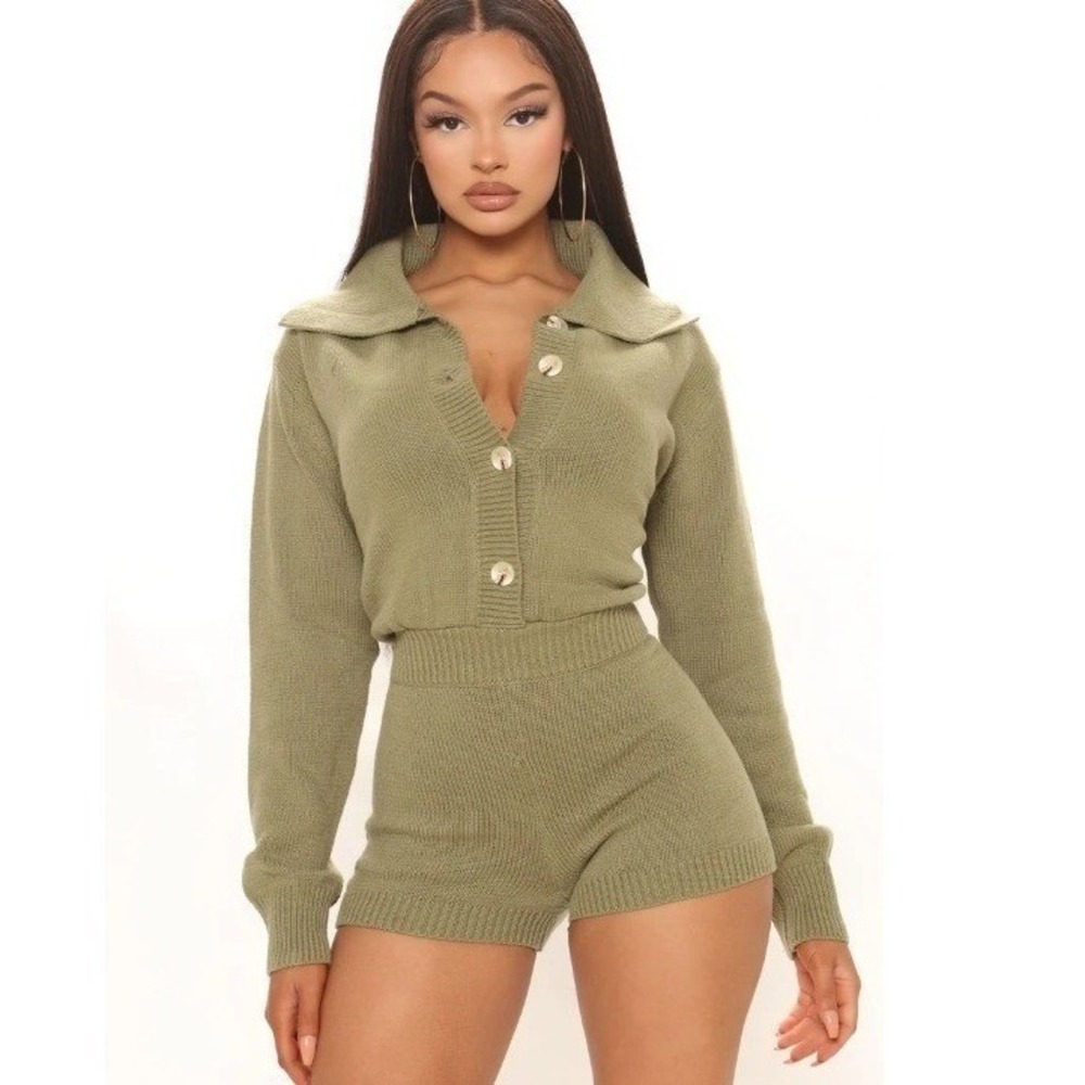 Emory Park Knit Romper Sz S Y2K Olive Green Button Front Gorpcore Club New